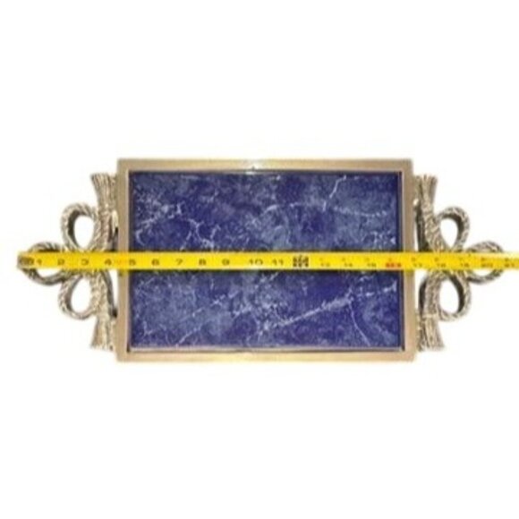 Vtg Lamosa Mexican Serving Tray Blue Marble Pewter Ornate Handles Handmade‎ - Picture 10 of 12